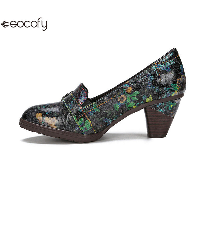 Socofy Vicconfy Round Toe Cowhide Leather Fashion Single Shoes Vintage Flower Heels Women's Shoes