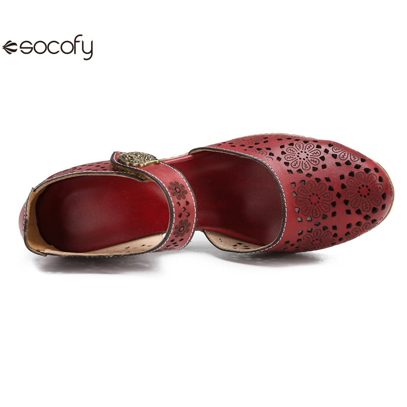 Socofy Genuine leather romantic three-dimensional flowers hollowed out sandals