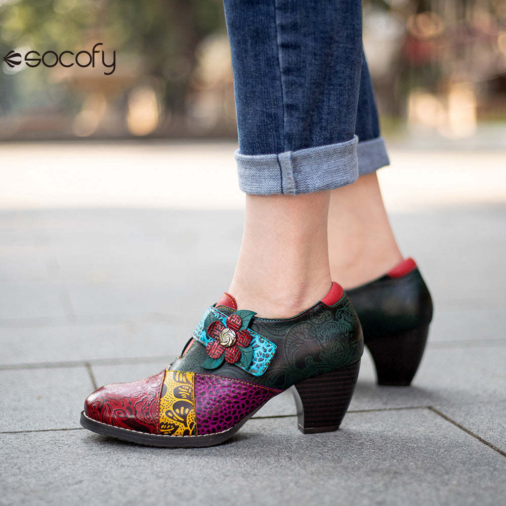 Socofy retro printing splicing ethnic style high heels women's shoes