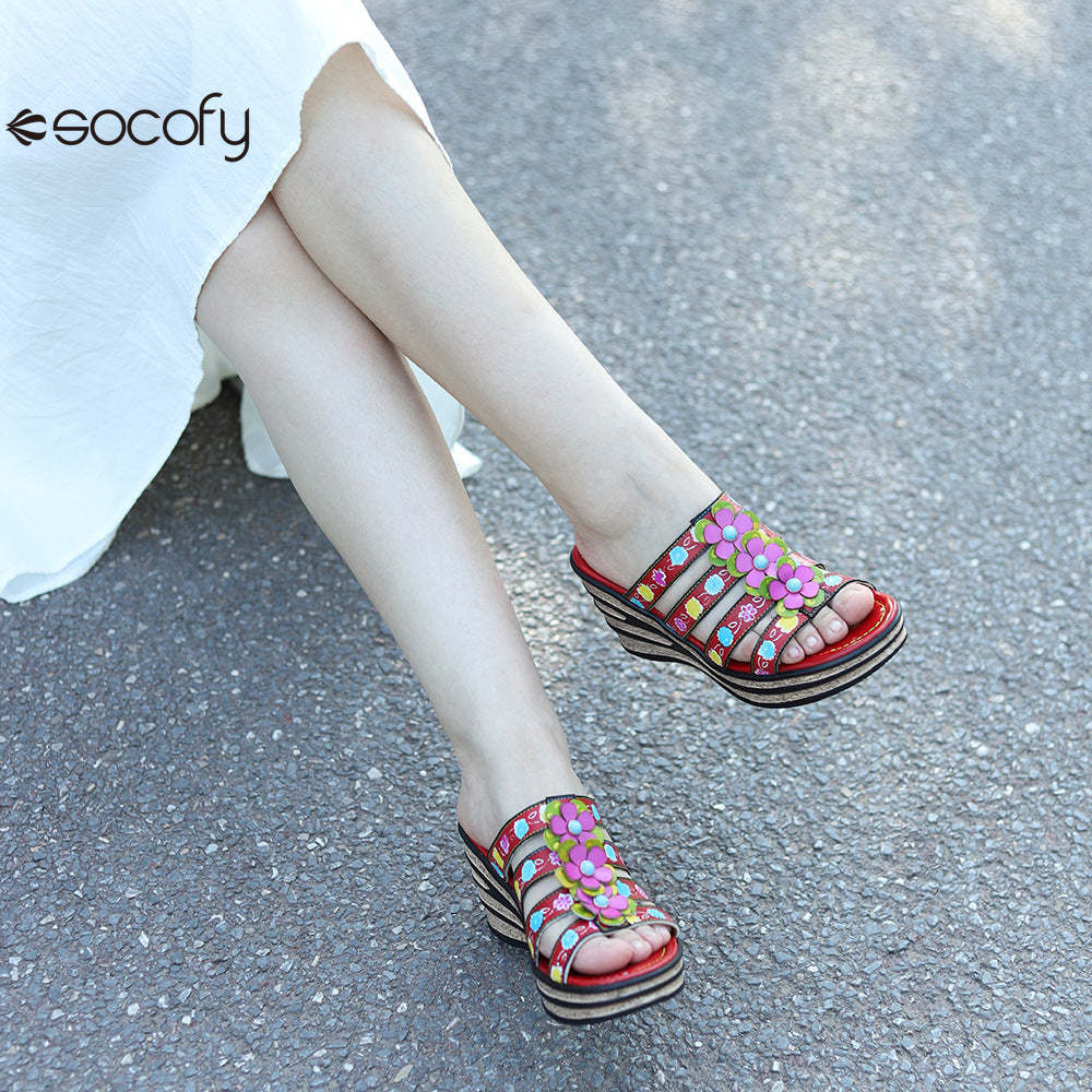 Socofy Summer Leather Vintage Flower Slope Heel Sandals Slippers