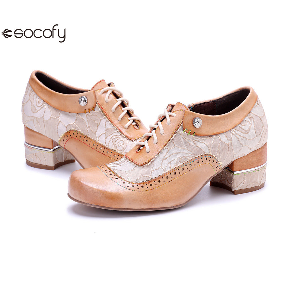 Socofy Genuine leather beige vintage brogue tassel side zipper pumps