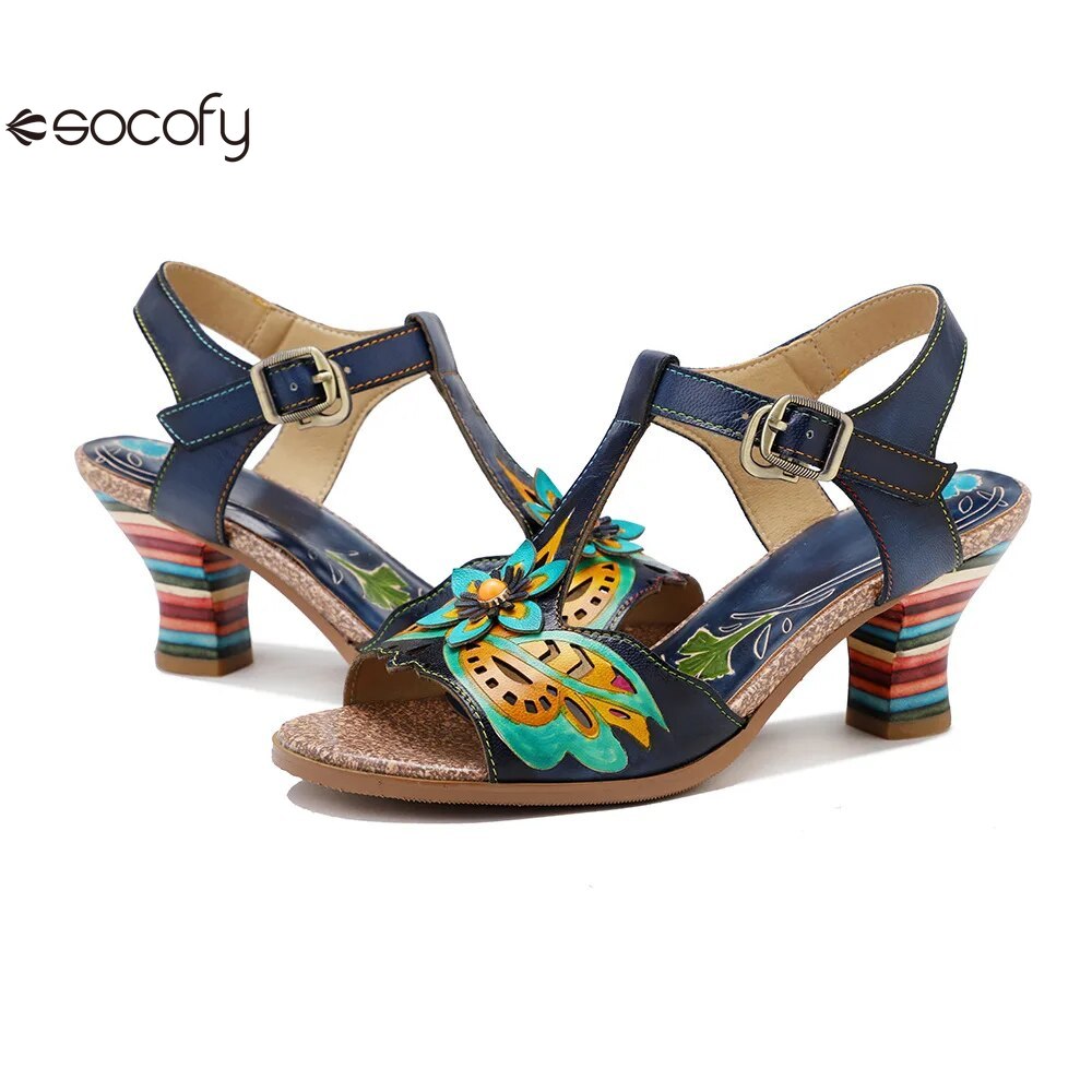 Socofy Genuine Leather Hand-painted Retro Contrast Comfortable High Heeled Sandals