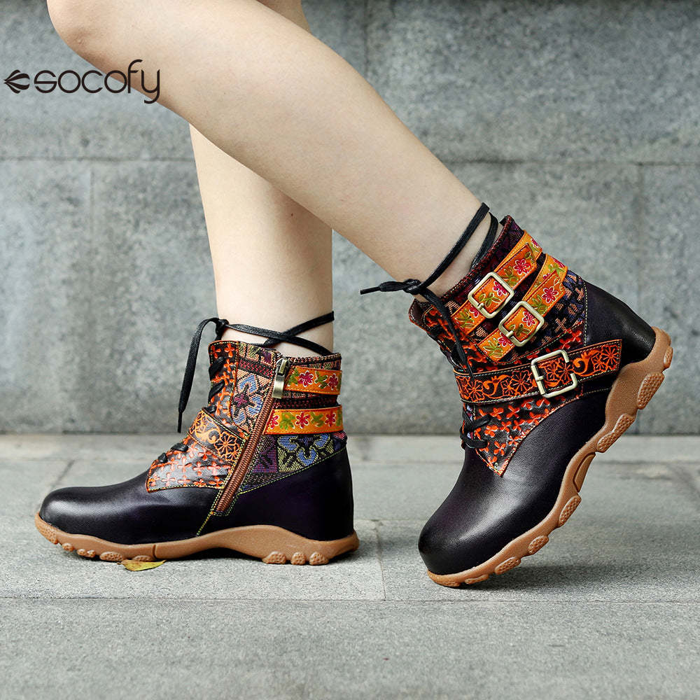 Socofy Vicconfy Leather Handmade Color Rubbed Printed Belt Buckle Flat Women's Boots