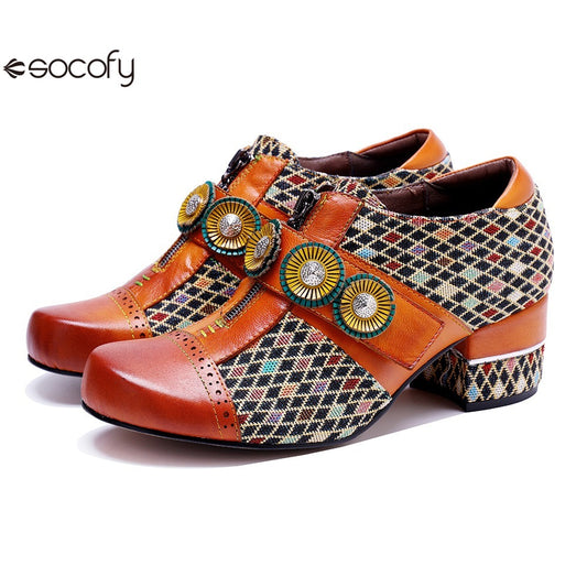 Socofy Genuine leather vintage plaid three-dimensional flowers pumps 1000