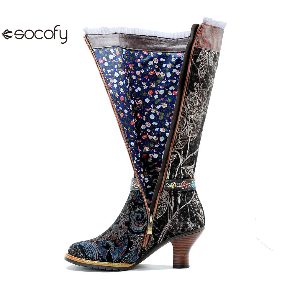 Socofy Genuine Leather Vintage Boots Warm Lace Side Heeled Boots