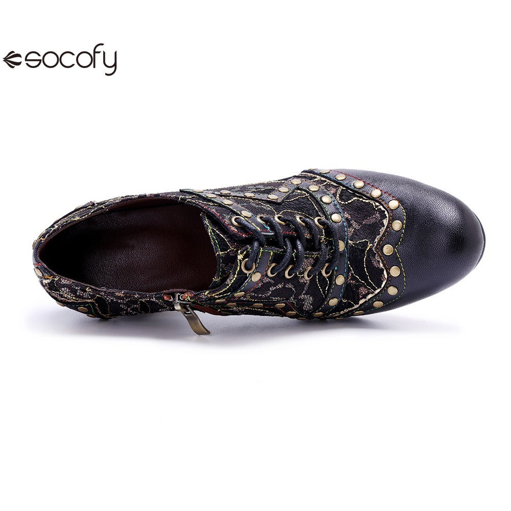 Socofy genuine leather Women's Leather Rivet Retro Fashion High Heeled Shoes