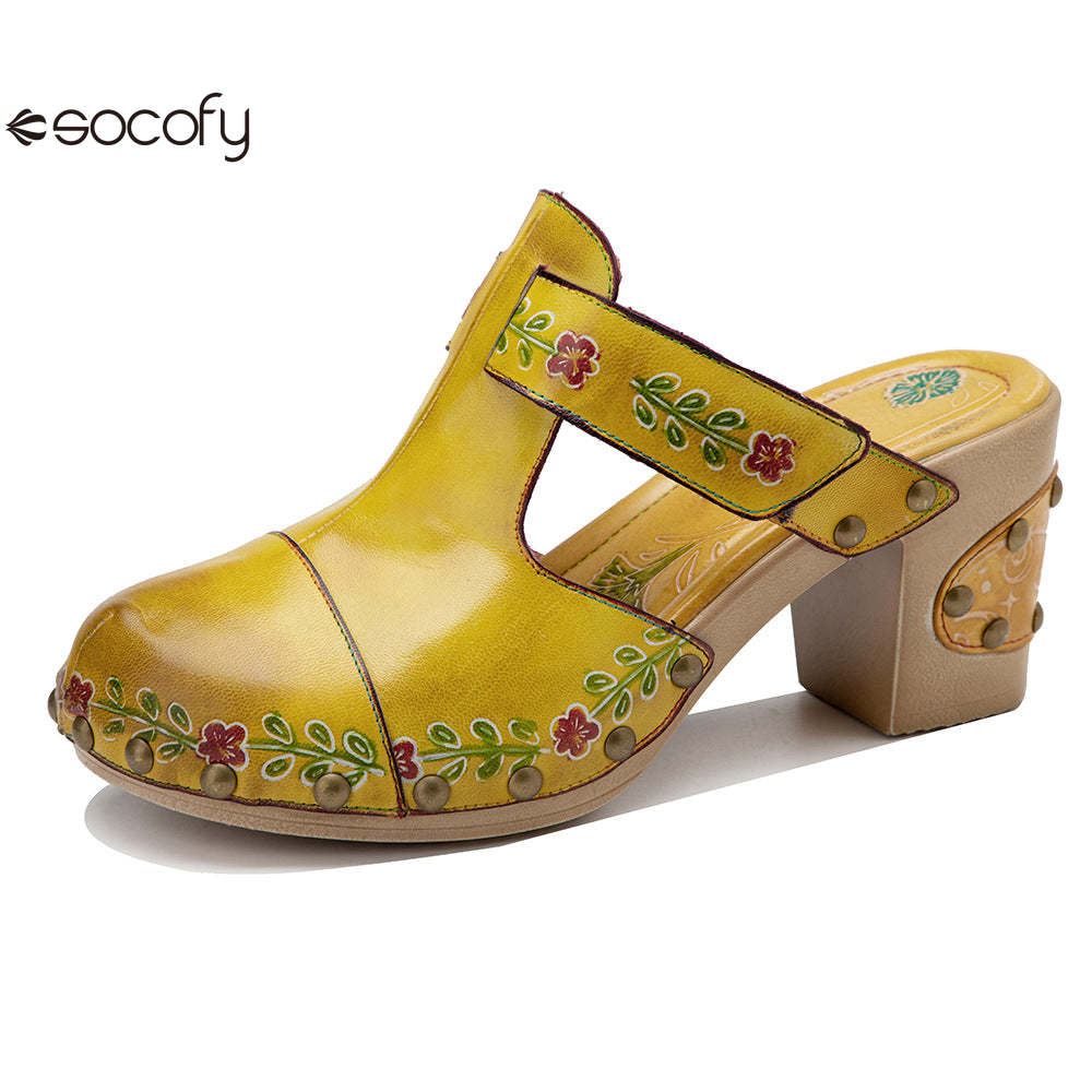 Socofy Spring and summer new spot genuine leather retro floral Baotou comfortable thick heel clogs and sandals