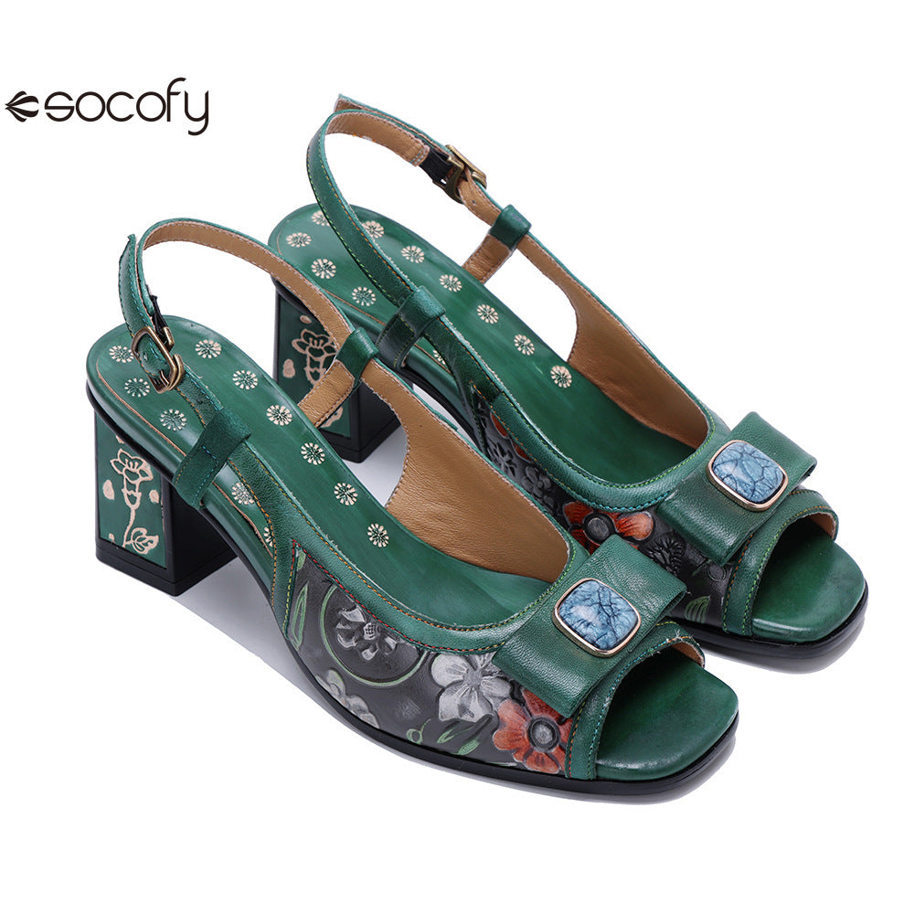 Socofy Handmade Leather Cubic Embossed Heeled Sandals