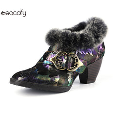 Socofy Vicconfy Genuine Leather Vintage Genuine Wool Patchwork Vintage Illusion Pumps