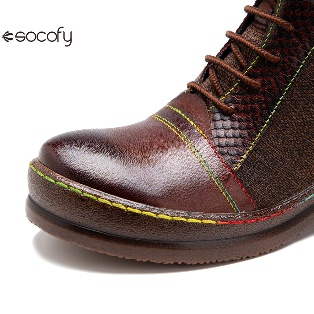 Socofy Vicconfy Genuine leather lace-up vintage biker boots