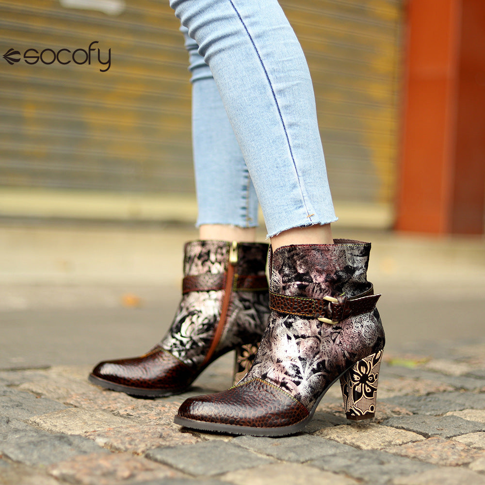 Socofy Vicconfy Genuine Leather French Vintage Print Heeled Women's Boots