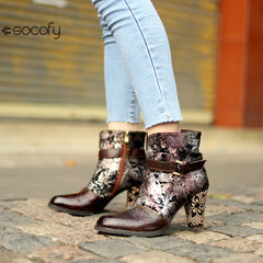 Socofy Vicconfy Genuine Leather French Vintage Print Heeled Women's Boots