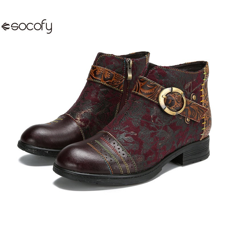 SOCOFY Genuine Leather Ethnic Style Round Toe Belt Buckle Handmade Embossing Short Boots