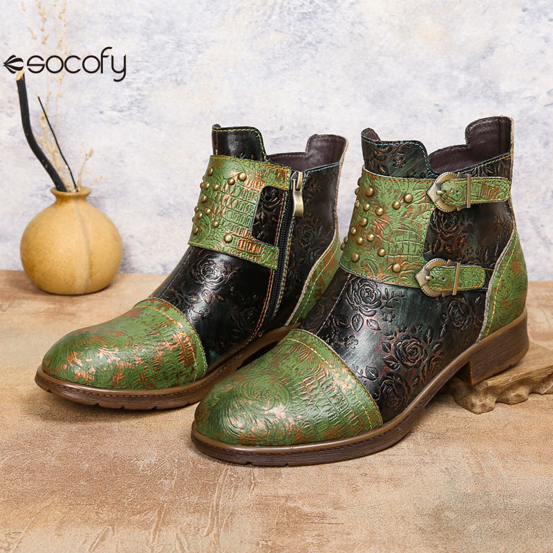 Socofy Vicconfy Genuine Leather Ethnic Vintage Rivet Belt Buckle Boots