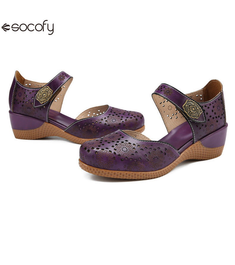 Socofy Genuine leather romantic three-dimensional flowers hollowed out sandals