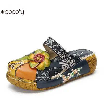 Socofy Flower Genuine Leathe Handmade Slides Flip Flop Women Slippers 400