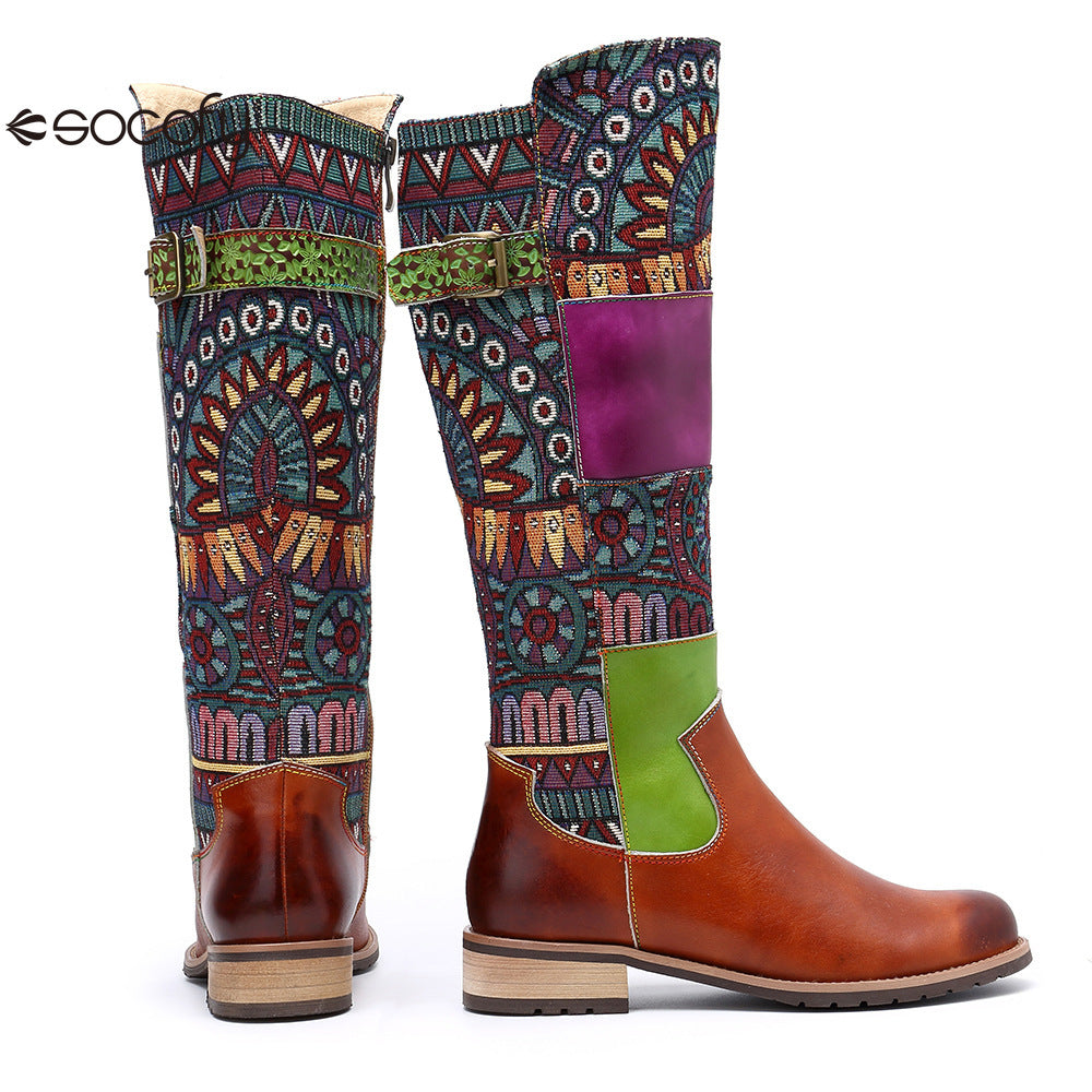 Socofy Vicconfy Genuine Leather Vintage Patchwork Long Warm Boots