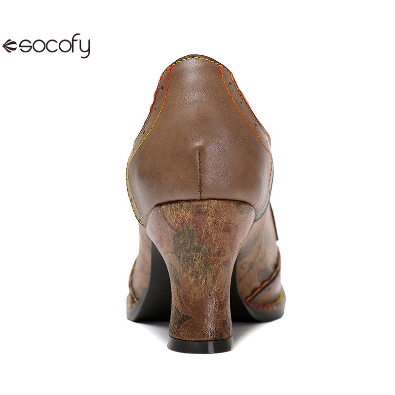 Socofy Vicconfy Genuine Leather Ethnic Brown High Heels