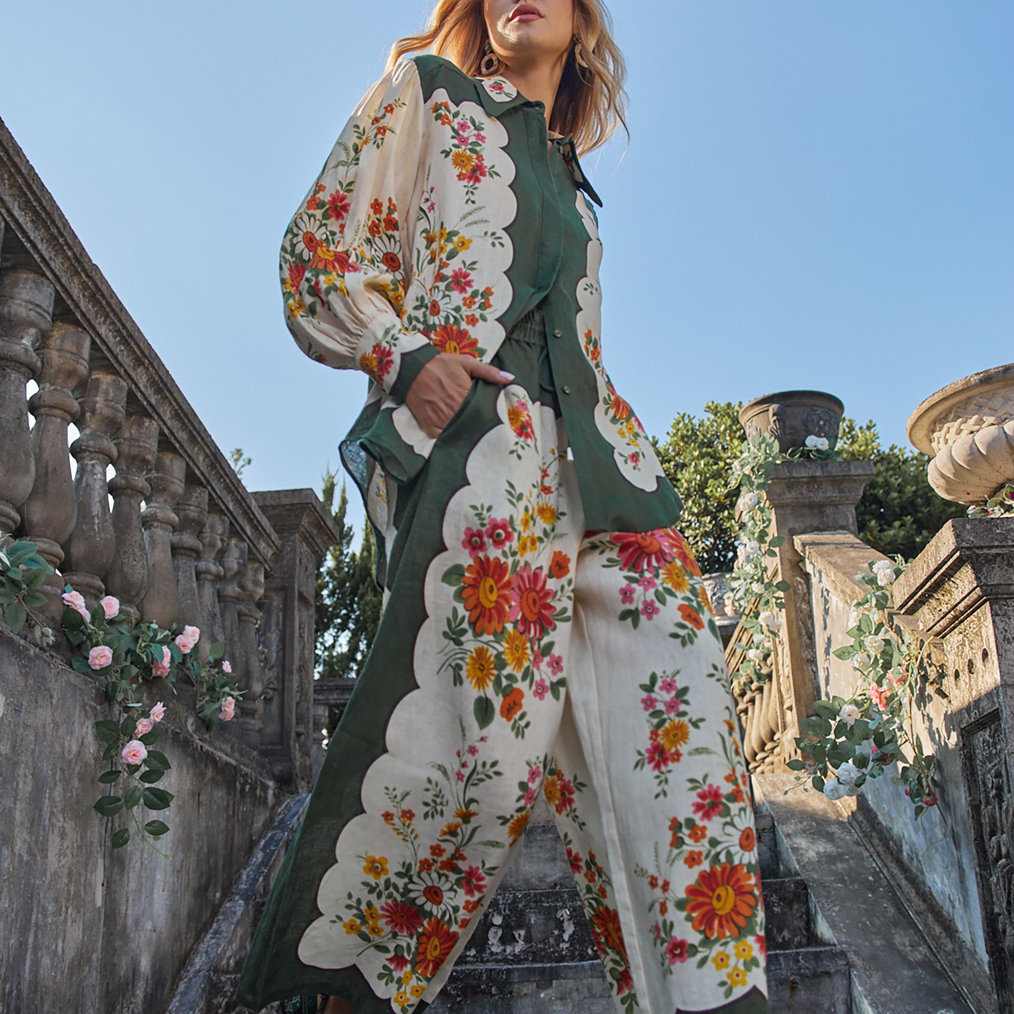 Linen positioned floral H-line long sleeve shirt Vacation long pants suit