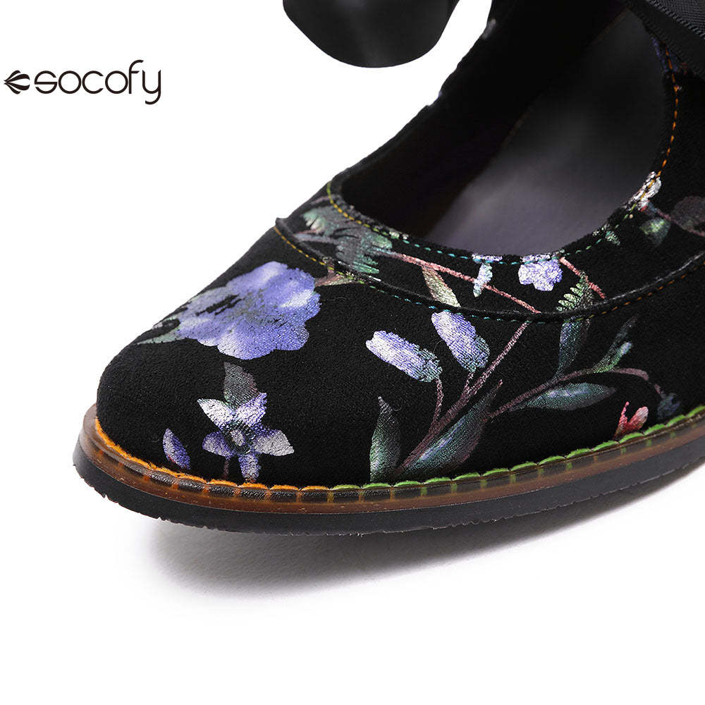 Socofy Flower Antique Style High Heel Round Toe Women's Shoes