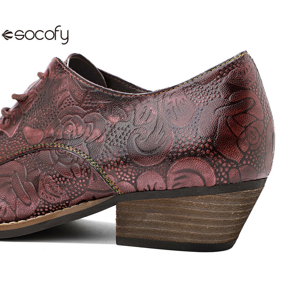 Socofy leather retro British style dark flower texture women's thick heel flat shoes