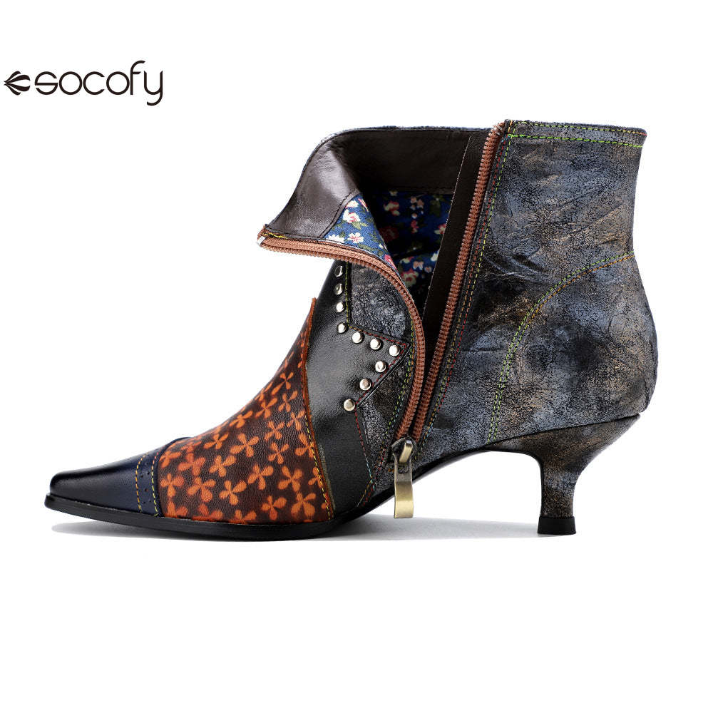 Socofy Elegant Style Studded Design Colour Slim Heel Women's Boots