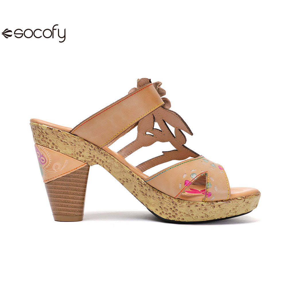 Socofy Vicconfy Flower Patchwork Head Cowhide High Heel Women's Sandals Slippers