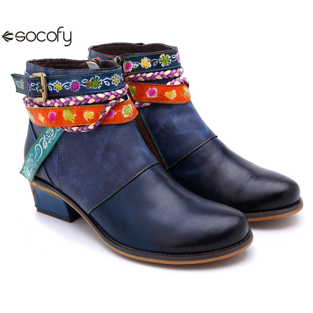 Socofy Vicconfy Genuine Leather Braided Strap Cowboy Style Women's Boots