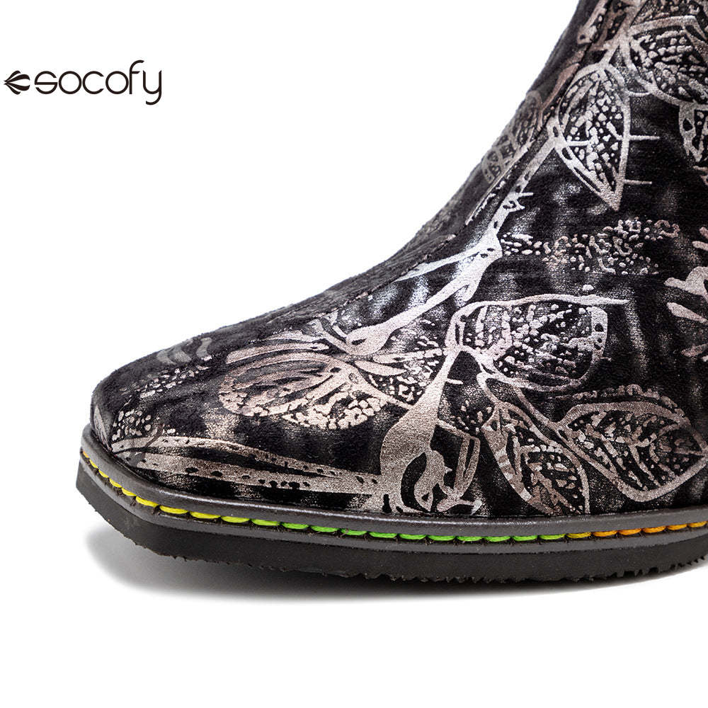 Socofy Autumn and Winter Retro Metal Reflective Colour Elegant Chunky Heel Women's Boots