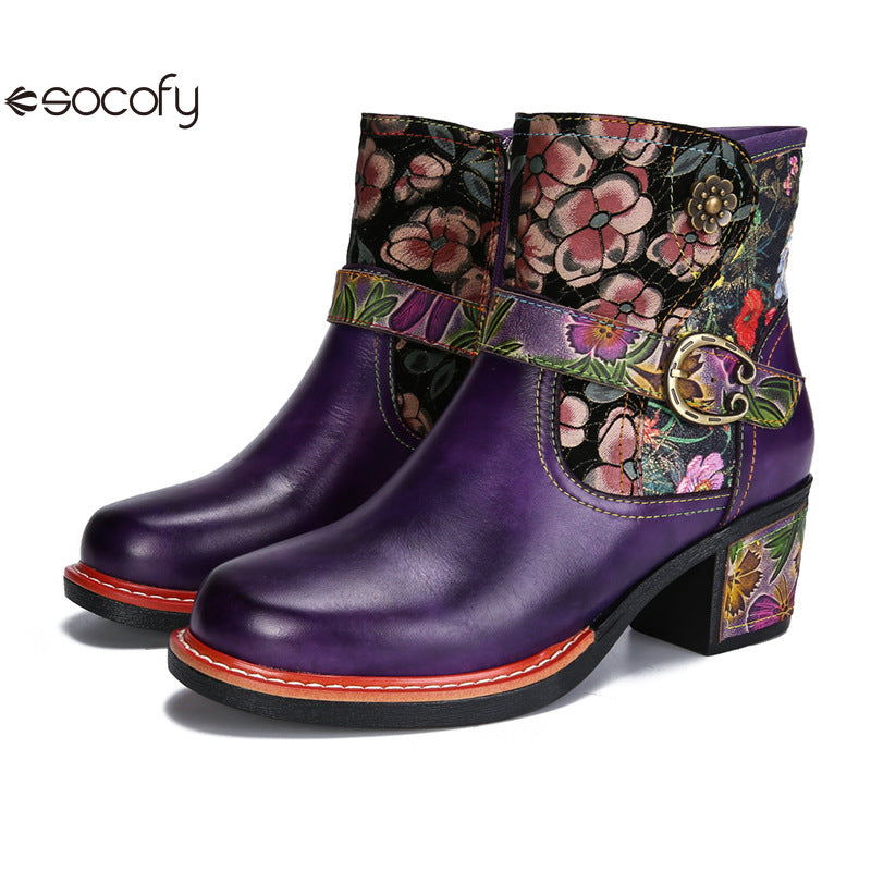 Socofy Vicconfy Genuine Leather Cubic Embossed Romantic Vintage Floral Heeled Ankle Boots