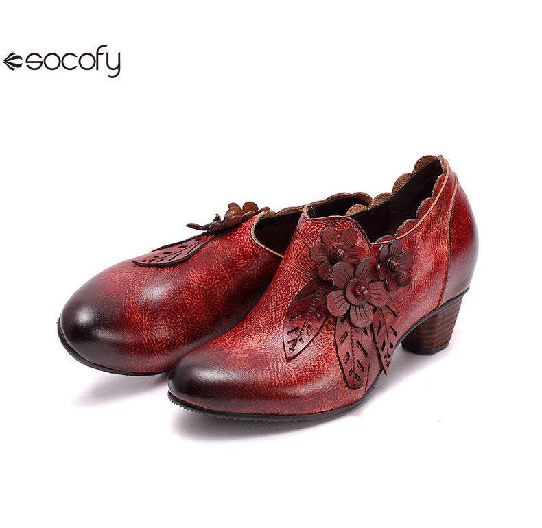 Socofy Genuine Leather Handmade Vintage Fashion Side Zipper High Heels Women's Shoes