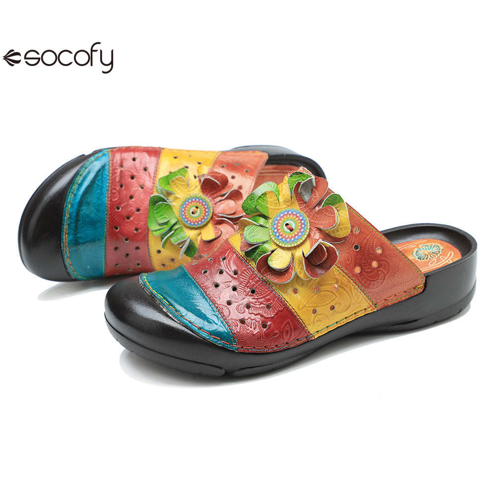 Socofy genuine leather handmade hollow three-dimensional flower comfortable flat slippers