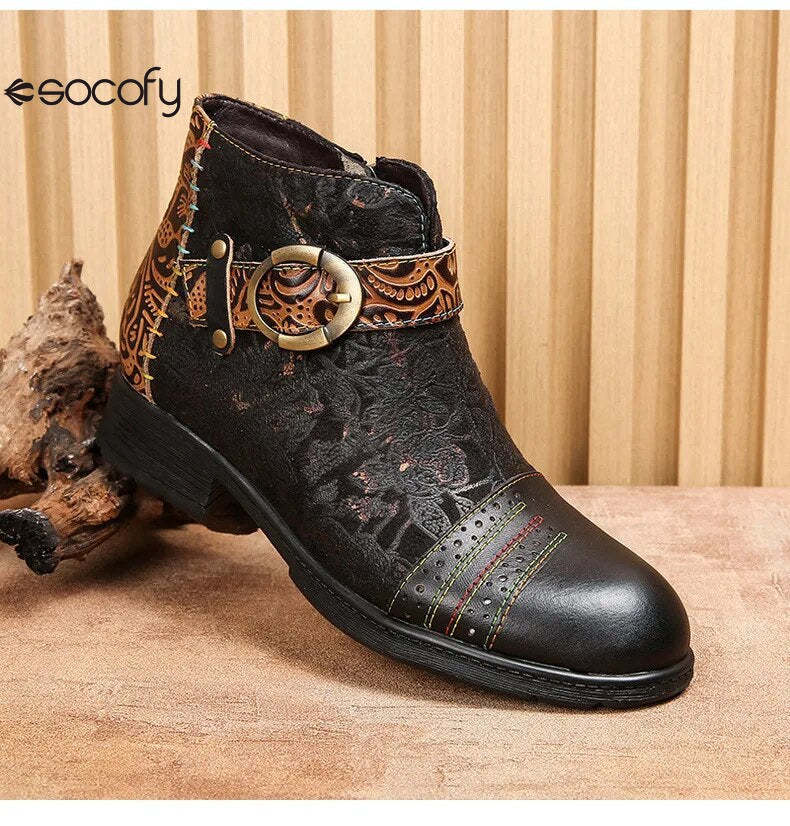 SOCOFY Genuine Leather Ethnic Style Round Toe Belt Buckle Handmade Embossing Short Boots