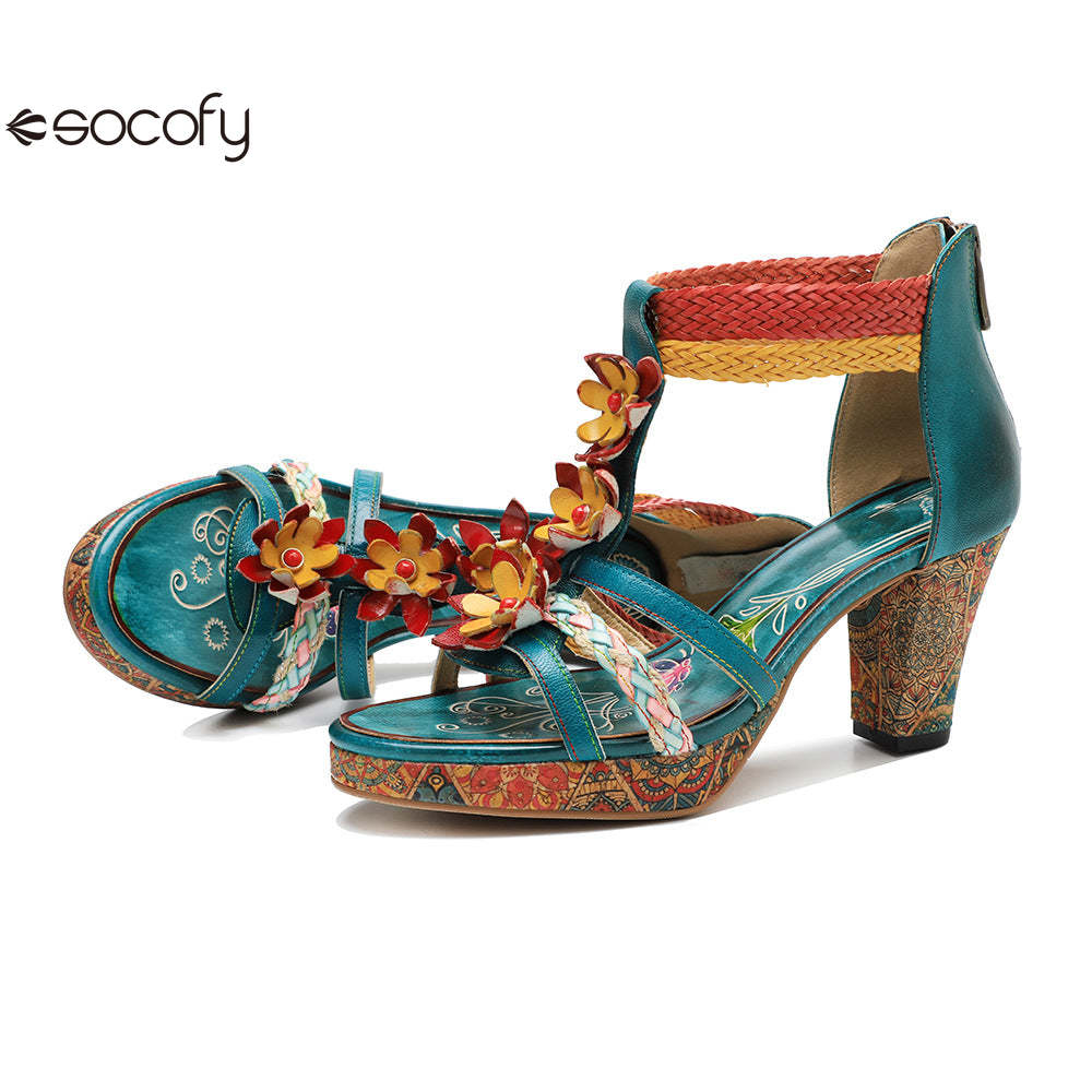 Socofy summer genuine leather braided retro fashion high-heeled women's sandals