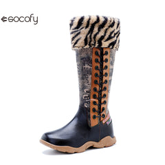 Socofy Vicconfy Printed Patchwork Padded Comfort Flat High Boots