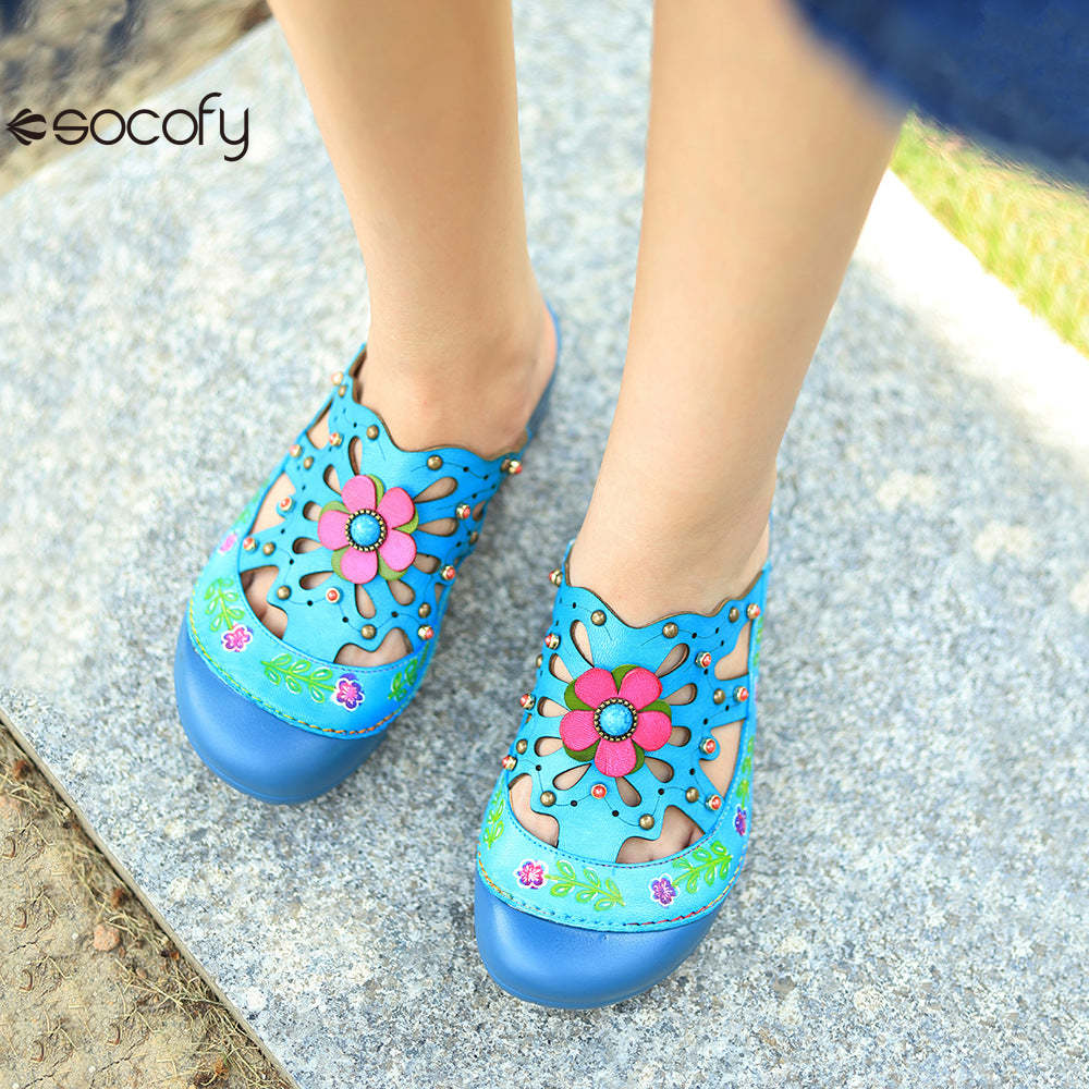 Socofy Genuine leather hand-rubbed vintage casual three-dimensional flower hollow comfortable shoes