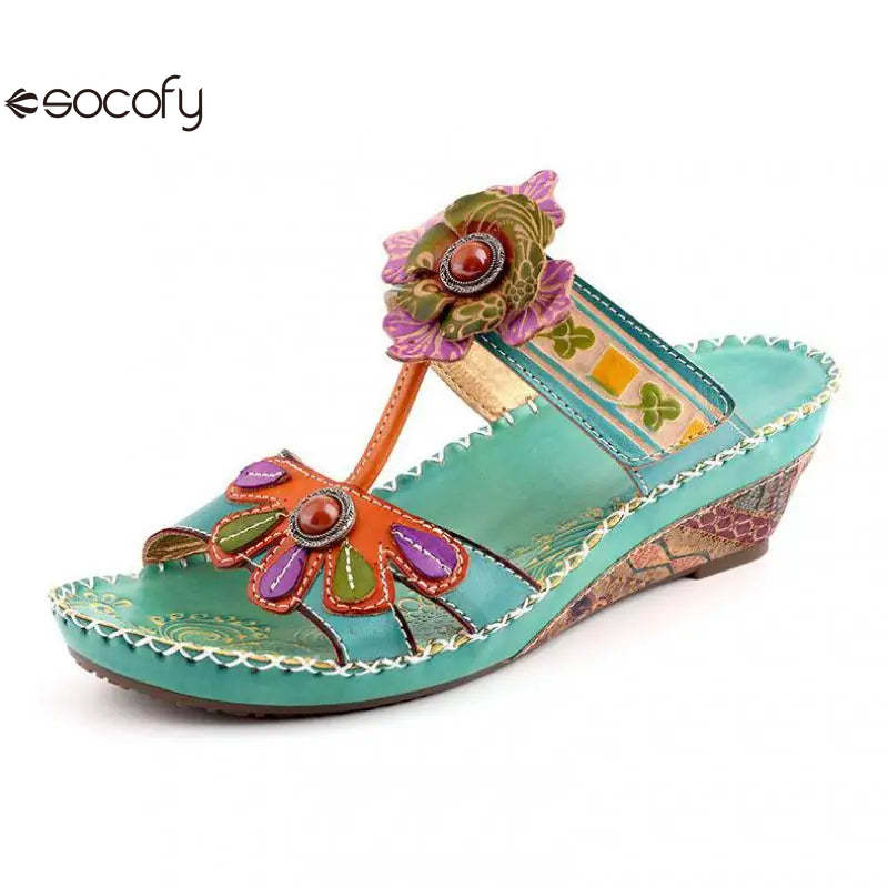 Socofy Spring Summer Hand-painted Genuine Leather Flower Wedges Slides Handmade Ladies Slippers