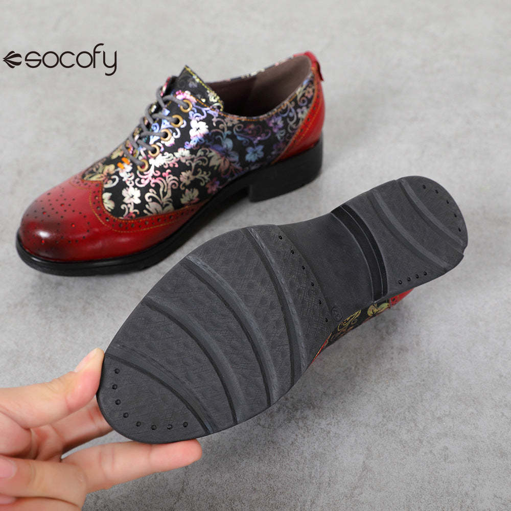 Socofy Ethnic style flower retro cowhide casual women's shoes