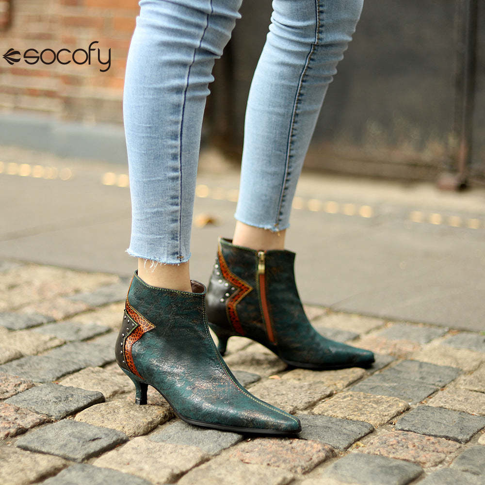 Socofy French Retro Metallic Dark Studded Studded Wrap Heel Design Slim Heel Women's Boots