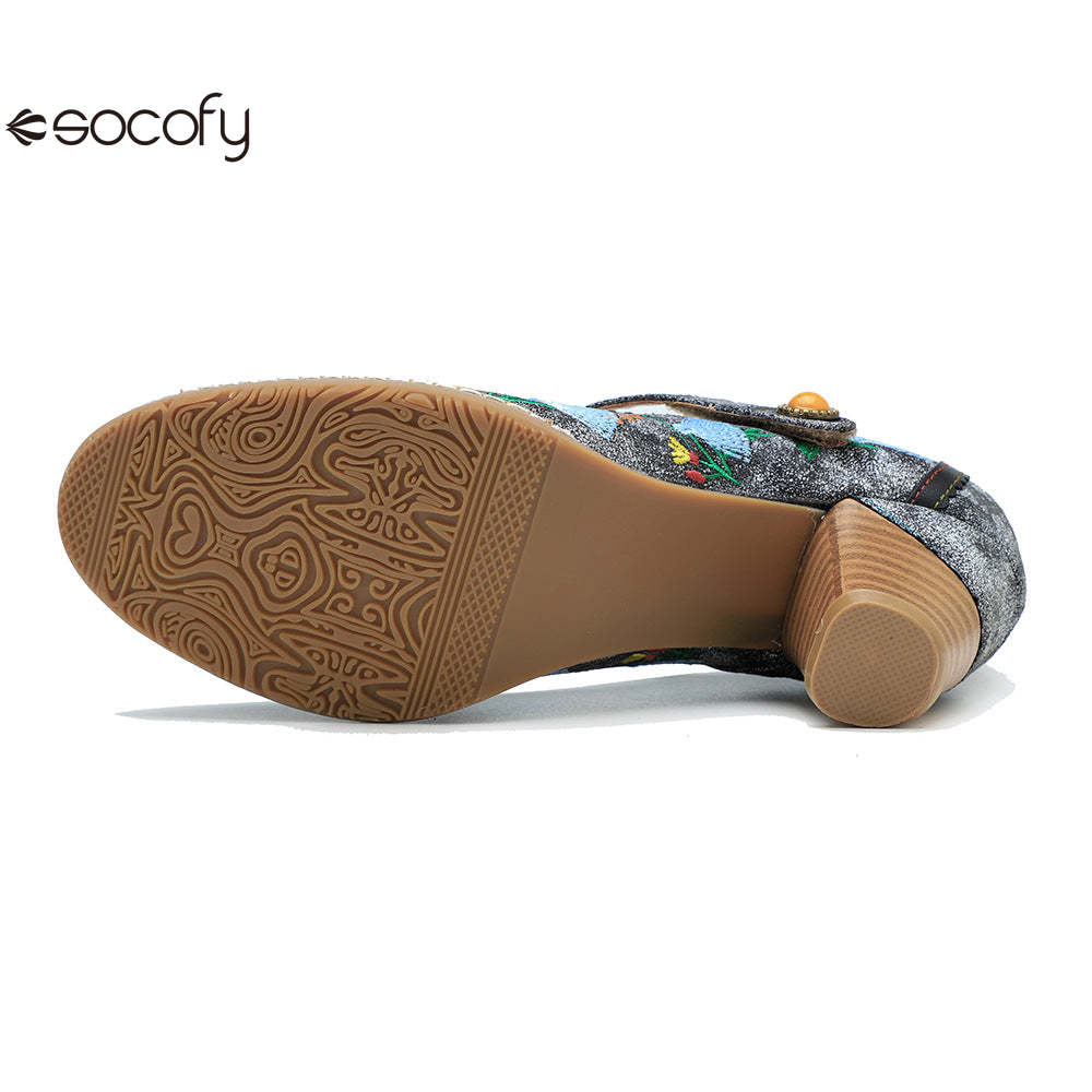 Socofy genuine leather hand-rubbed hollow flower high heels for women