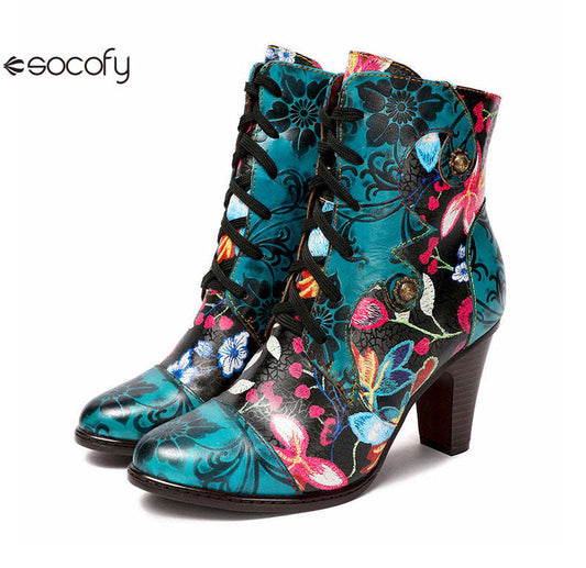 Socofy Vicconfy Ethnic Cowhide Handmade Vintage Flower High Heel Women's Boots 790