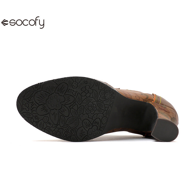 Socofy Vicconfy Genuine Leather Ethnic Brown High Heels