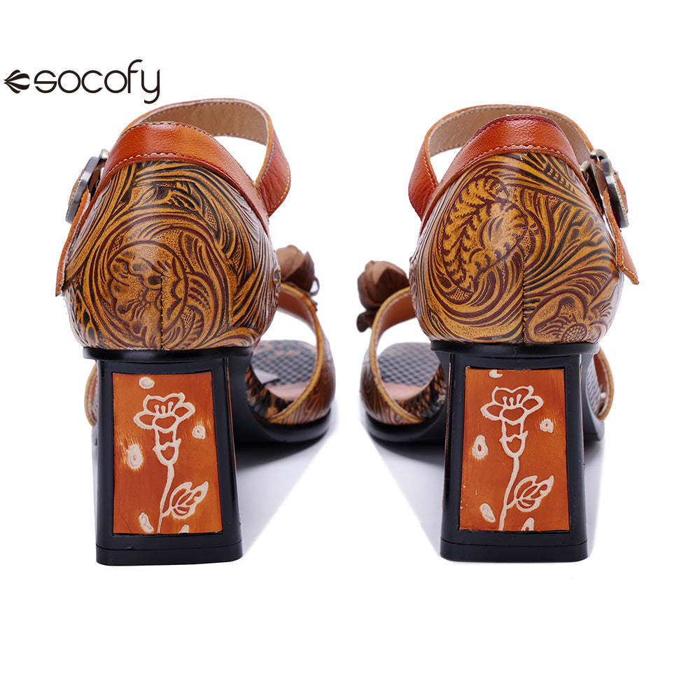 Socofy Vicconfy Handmade Leather Vintage Printed Dimensional Heeled Sandals