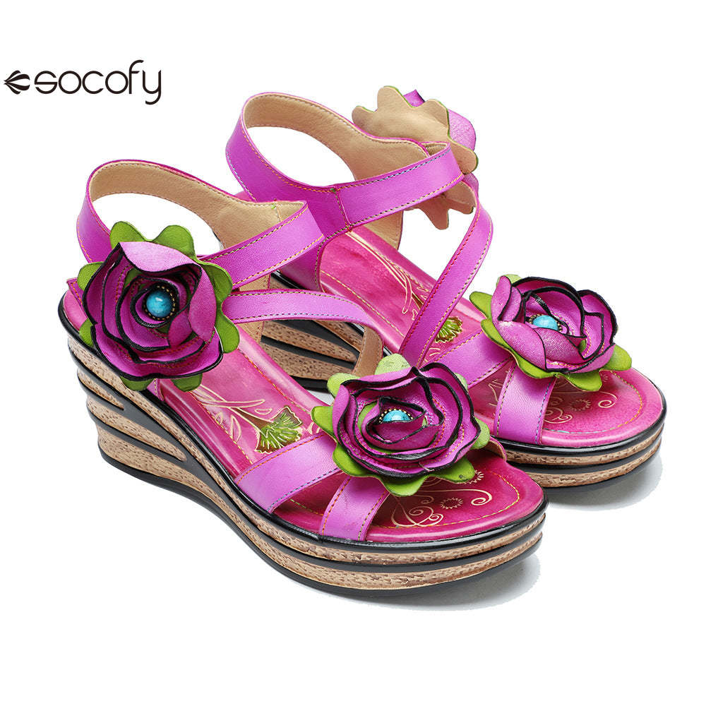 Socofy summer leather three-dimensional flowers comfortable sloping sandals