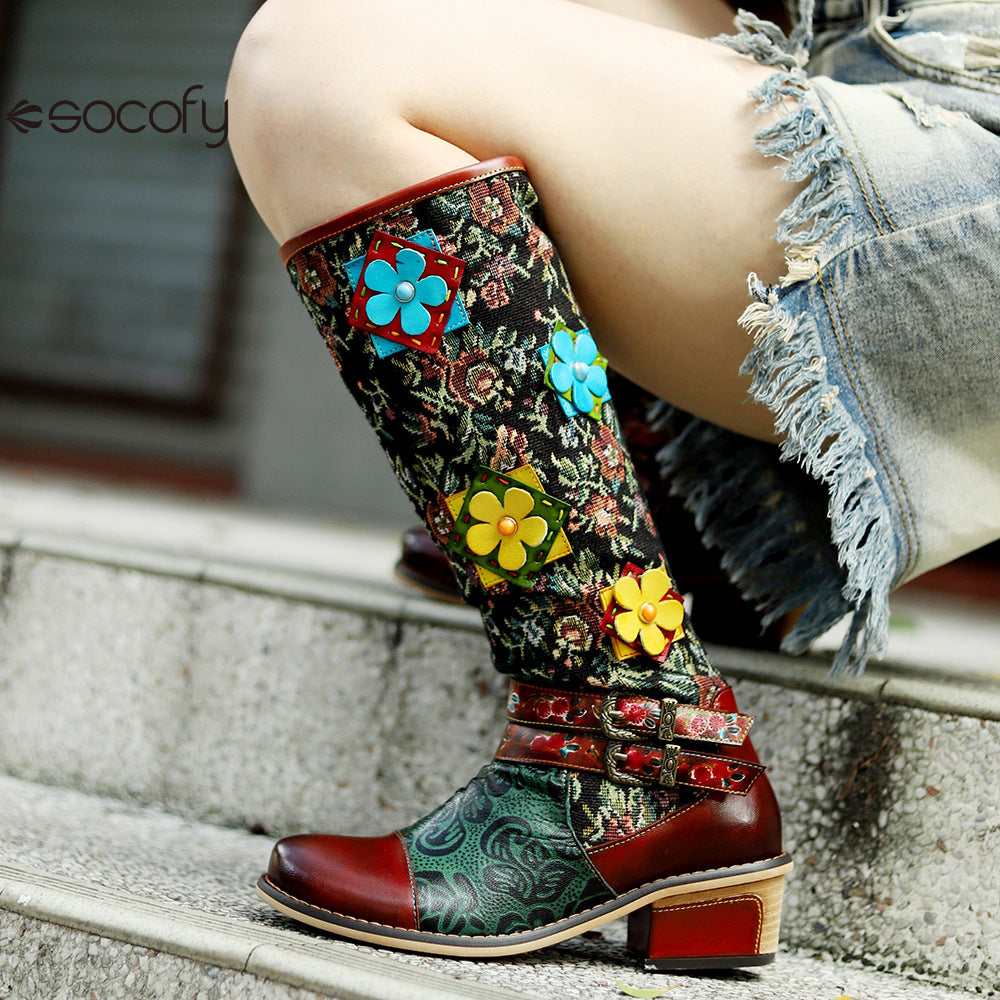 Socofy Vicconfy Handmade Color Rubbed Cubic Floral Belt Buckle Comfort Chunky Heel High Boots