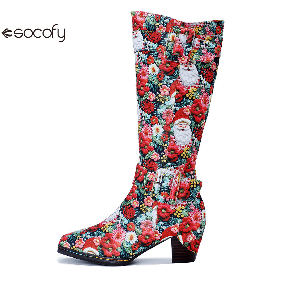 Chrismas Exclusive｜Socofy Vicconfy Vintage Print Casual Chunky Heel Comfort High Boots