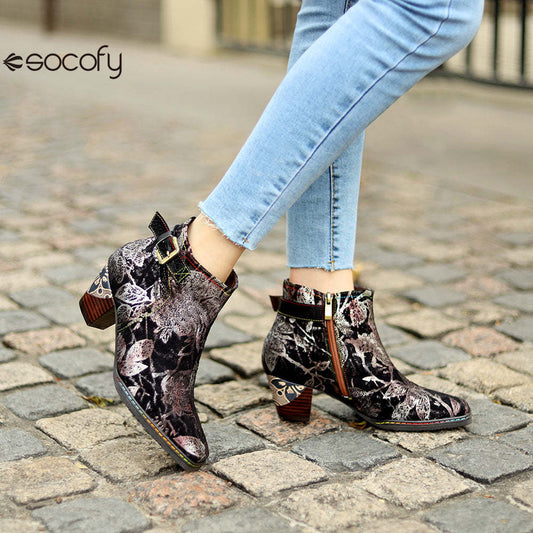 Socofy Autumn and Winter Retro Metal Reflective Colour Elegant Chunky Heel Women's Boots 1000