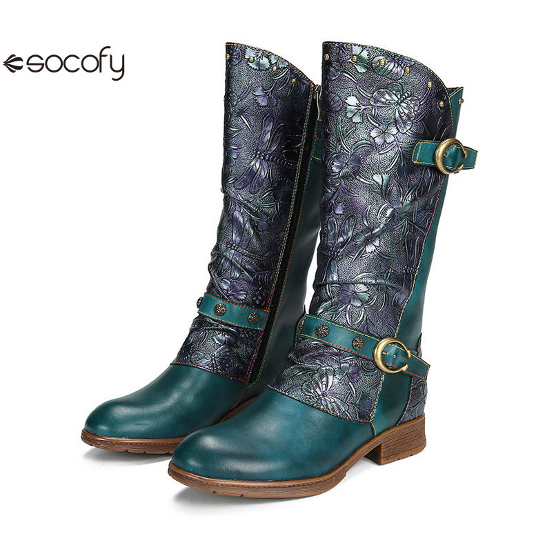 Socofy Vicconfy Side Zipper Vintage Floral Flat Heel Long Boots