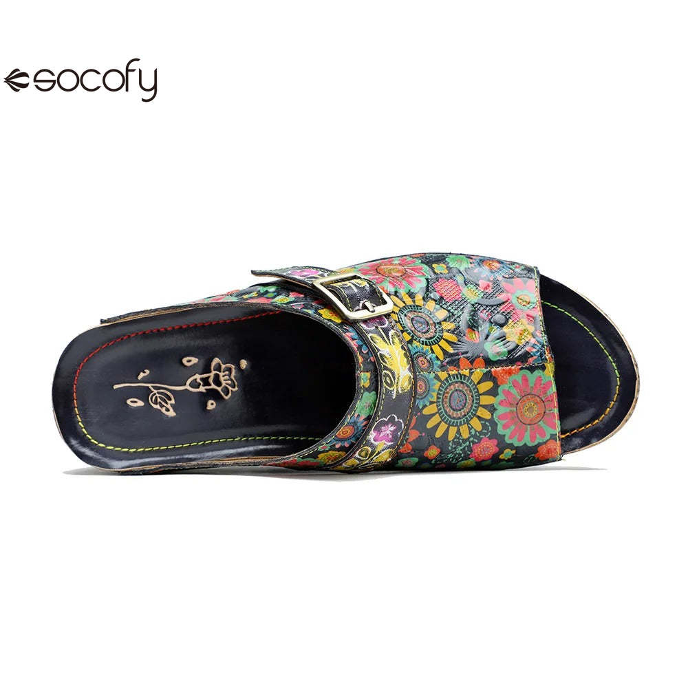 Socofy Spring Summer Genuine Leather Outside Slippers Hand-painted Retro Comfort Flat Sandals