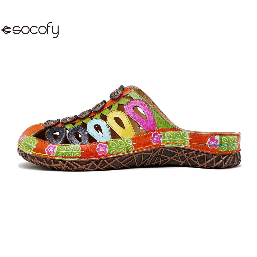 Socofy Summer Leather Hollow Out Buckle Comfortable Flat Women's Slippers